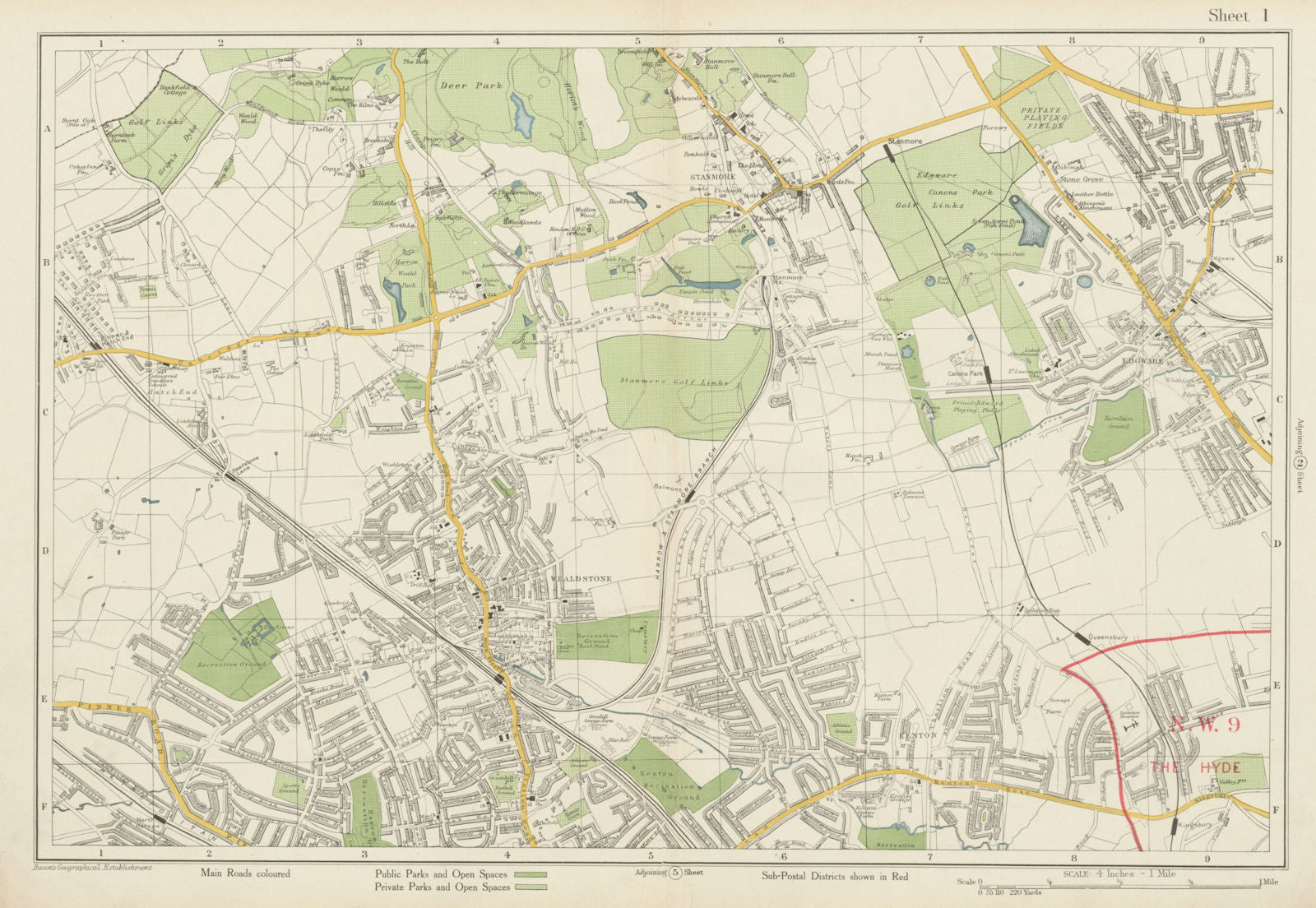 STANMORE Wealdstone Edgware Pinner North Harrow Kenton The Hyde. BACON 1934 map